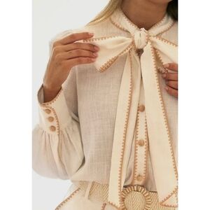 NWT! EB Luxe Cream Linen Blend Tie Neck Embroidered Detail Blouse Size Small